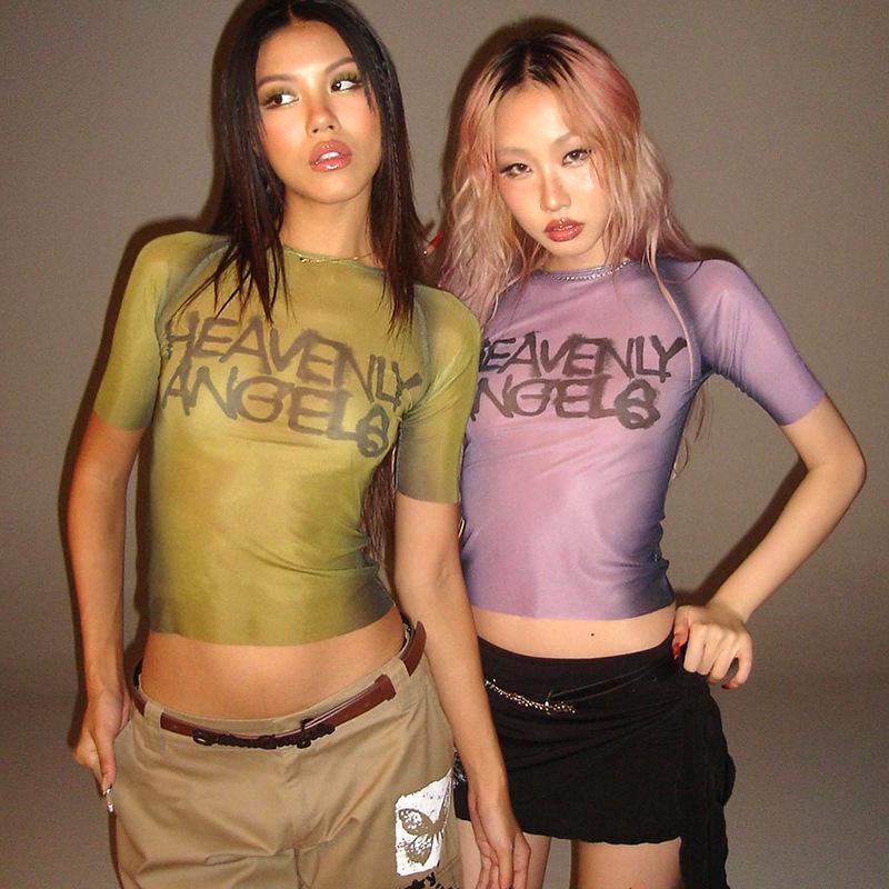 Summer De Clothing - Y2K Letterพิมพ์ด้านบนดูผ่านกราฟิกTเสื้อผู้หญิงเสื้อผ้าแขนสั้นความงามRopa De Mujerผอมเซ็กซี่Streetwear
