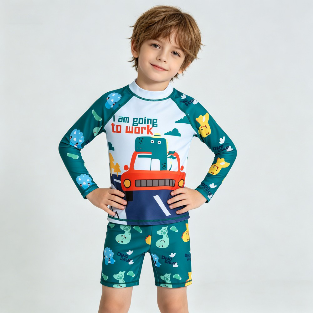 Rash Guard Long Sleeve - 2 ชิ้นชุดว่ายน้ำแขนยาวสำหรับเด็กชุดเด็กชายหญิงการ์ตูนแรชการ์ดชุดว่ายน้ำป้องกันแสงแดดชุดชายหาดสำหรับเด็กวัยหัดเดิน