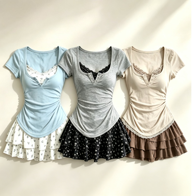 Summer Clothing Y2K - สไตล์โลลิต้า ชุดหวานๆ แบบญี่ปุ่น 2 ชิ้น เสื้อสลิมลำลองสำหรับผู้หญิง