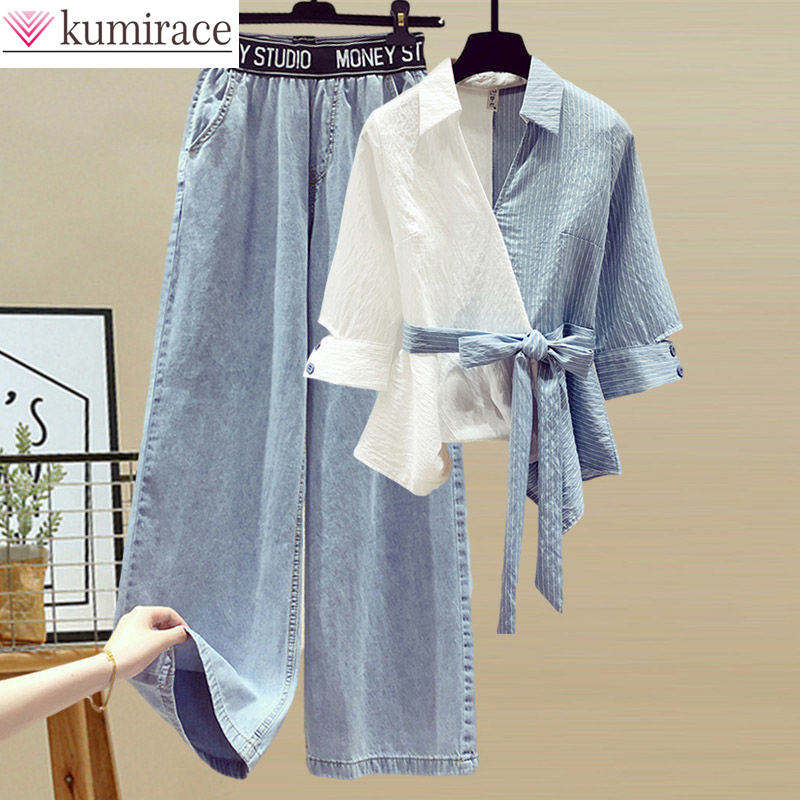 Summer Clothing Men 2025 - 2025 ฤดูร้อนใหม่เย็บเสื้อชีฟองหญิงชุดผู้หญิงกางเกงยีนส์เสื้อลําลอง 2 ชิ้นชุดสุภาพสตรีTracksuits