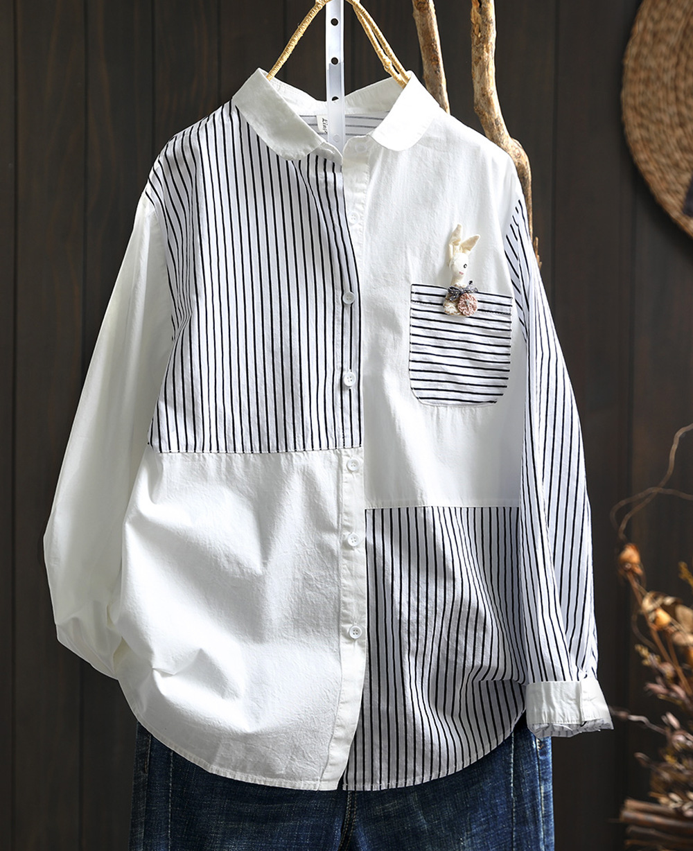 Summer Clothing In Japan - เสื้อผ้าฤดูใบไม้ร่วง 2026 ผู้หญิง ญี่ปุ่น แฟชั่นฮาราจูกุ เสื้อเชิ้ตและเสื้อเบลาส์ผ้าฝ้ายลายทางแบบต่อผ้า