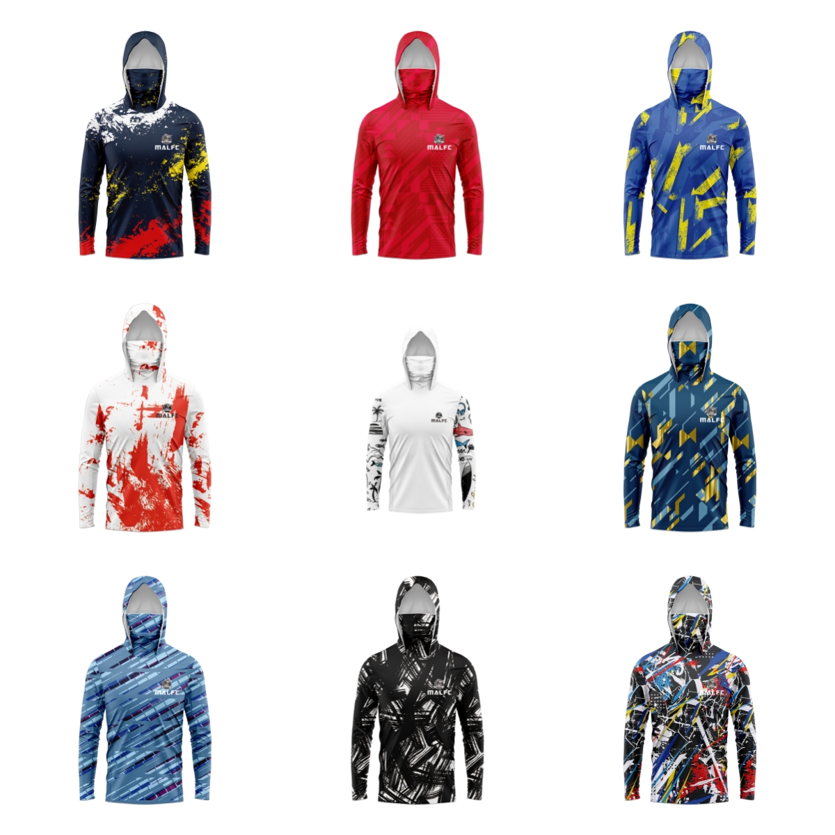 Rash Guard Long Sleeve - MALFC Men Hood เสื้อตกปลาแขนยาวเสื้อยืดตกปลาป้องกันรังสียูวีเครื่องแต่งกายตกปลา