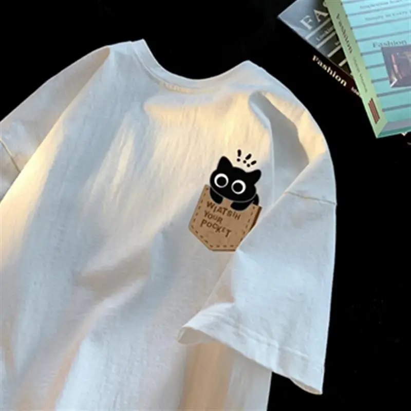 Summer Clothing Logo - เสื้อยืดลายแมวน่ารักสไตล์ฮาราจูกุ คอกลม แฟชั่นสตรีทแวร์ ยูนิเซ็กส์ สำหรับฤดูร้อน รุ่นใหม่ล่าสุด