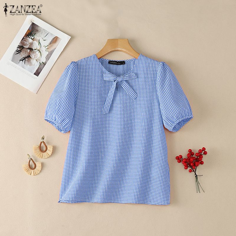 Summer De Clothing - ZANZEA เสื้อเชิ้ตลายตารางสไตล์วินเทจสำหรับผู้หญิง คอวี แขนพองสั้น แต่งโบว์ เหมาะสำหรับใส่ในชีวิตประจำวัน