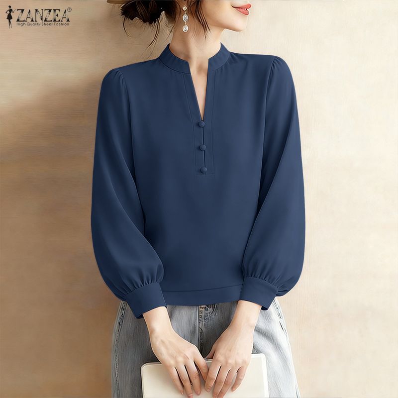 Summer De Clothing - ผู้หญิงแฟชั่นหรูหราเสื้อหลวมคอวี 3/4 แขนพัฟสีทึบเสื้อ ZANZEA ฤดูใบไม้ผลิฤดูร้อนลำลองบลูซาส เด