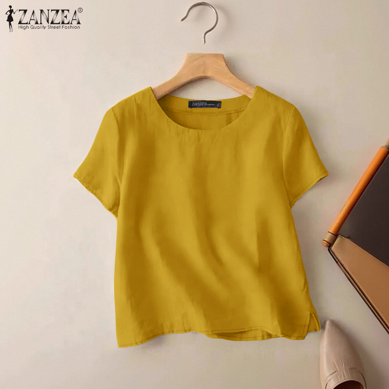 Summer De Clothing - ZANZEA เสื้อผ้าฝ้ายลำลองสำหรับฤดูร้อนสำหรับผู้หญิง O-Neck แขนสั้นด้านข้างผ่าบางเสื้อใส่กลางวันสีทึบบลูซาส เด มูเยร์