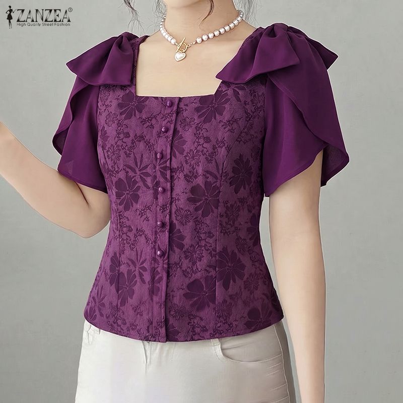 Summer De Clothing - ZANZEA เสื้อเบลาส์ลายดอกไม้หรูหราสำหรับผู้หญิง คอเหลี่ยม แขนทรงกลีบดอกไม้ แต่งโบว์ เสื้อครอปสั้น