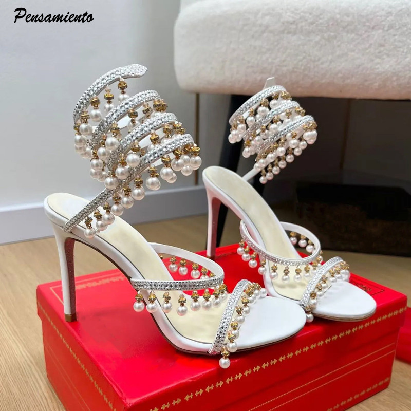 Summer Clothing Ladies - รองเท้าส้นสูงประดับมุกและคริสตัลหรูหรา สไตล์กลาดิเอเตอร์ สายรัดข้อเท้าลายงู ผ้าซาติน เหมาะสำหรับงานเลี้ยงฤดูร้อนและงานแต่งงาน