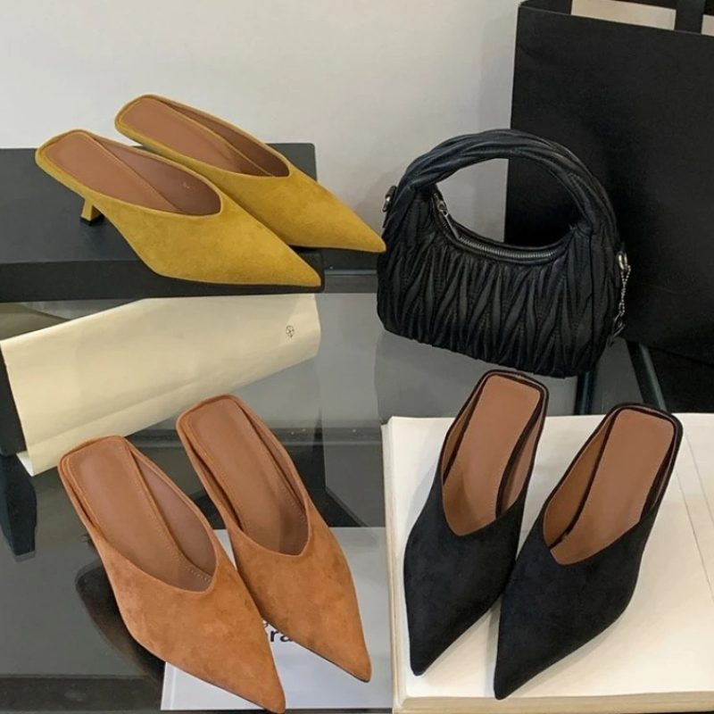 Summer Clothing Ladies - รองเท้าส้นเตี้ยแบบสวมสำหรับฤดูร้อน ดีไซน์เรียบหรู ปลายแหลม เหมาะสำหรับงานปาร์ตี้ รองเท้าสไลด์แบบมูล Zapatos