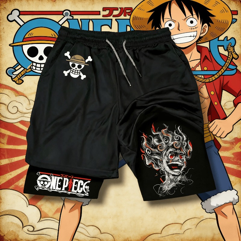 Summer Edition Clothing - กางเกงขาสั้นพิมพ์ลายลูฟี่อนิเมะวันพีซคลาสสิก รุ่นสองชั้น 2026 สไตล์อเมริกัน สำหรับฤดูร้อน ผู้ชาย