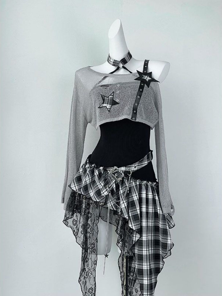 Summer Clothing Y2K - 2000s Y2Kสาวเผ็ดออกแบบไม่สม่ําเสมอชุดลายสก๊อตSplicedชุดราตรีชุดผู้หญิงบางแขนยาวป้องกันแสงแดดCover-Upชุด