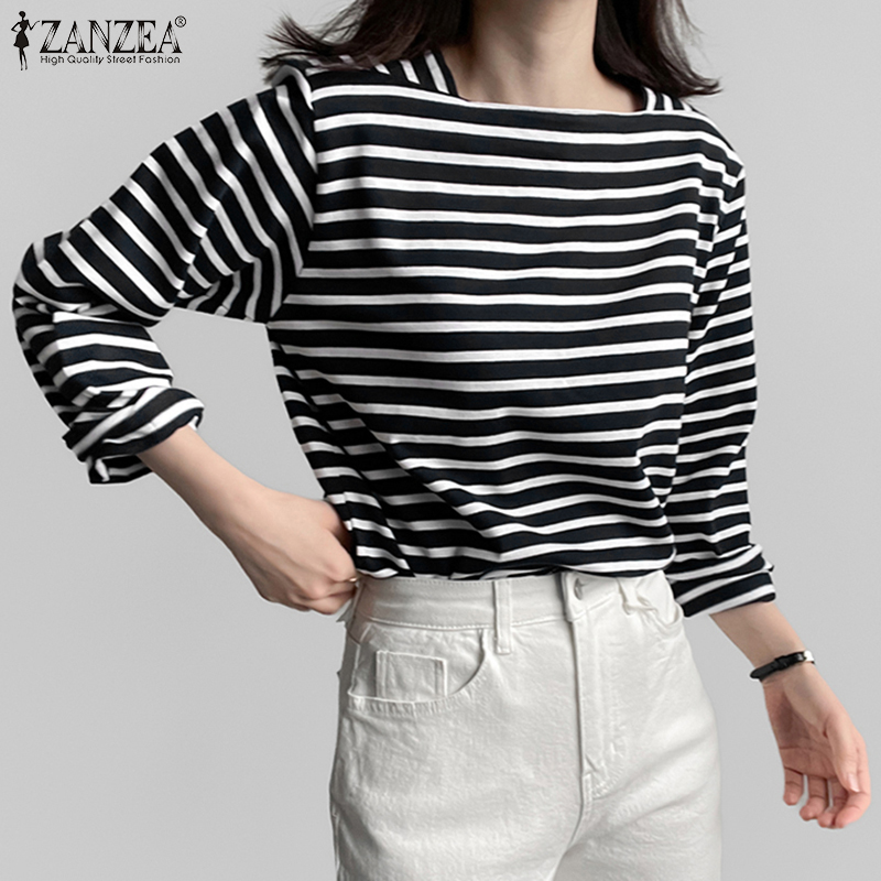 Summer De Clothing - ZANZEA เสื้อเชิ้ตลายทางลำลองสำหรับผู้หญิงฤดูใบไม้ผลิแขนยาวเสื้อยืดคอสี่เหลี่ยมฤดูร้อนสวมใส่สบายทุกวันบลูซาส เด มูเยร์