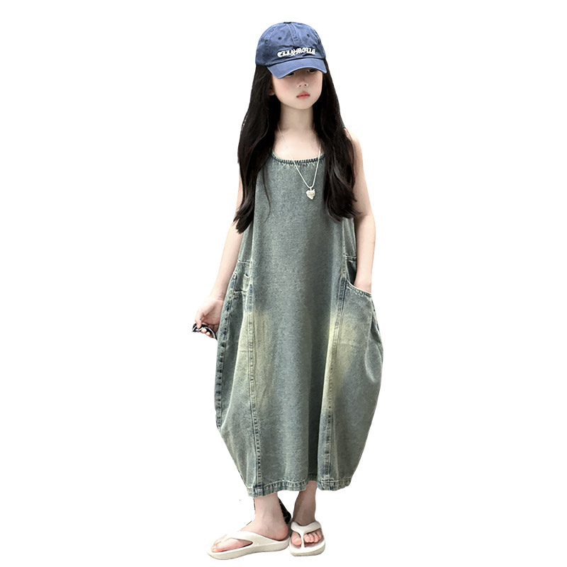 Yours Summer Clothing - Vintage Blue เด็กหญิงคุณภาพสูงแขนกุด Denim ชุด Streetwear