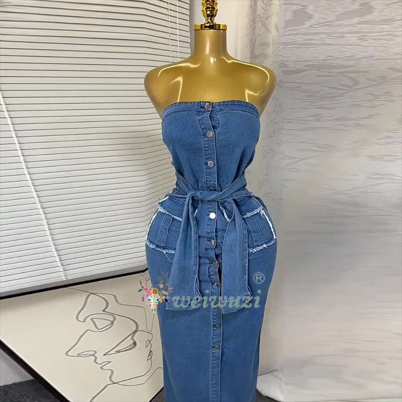 Summer Clothing Y2K - เดรสยีนส์ทรงเข้ารูปแบบรัดเชือก ไร้สายรัดไหล่ แขนกุด กระดุมแถวเดียว สไตล์เรโทรสำหรับผู้หญิง ปี