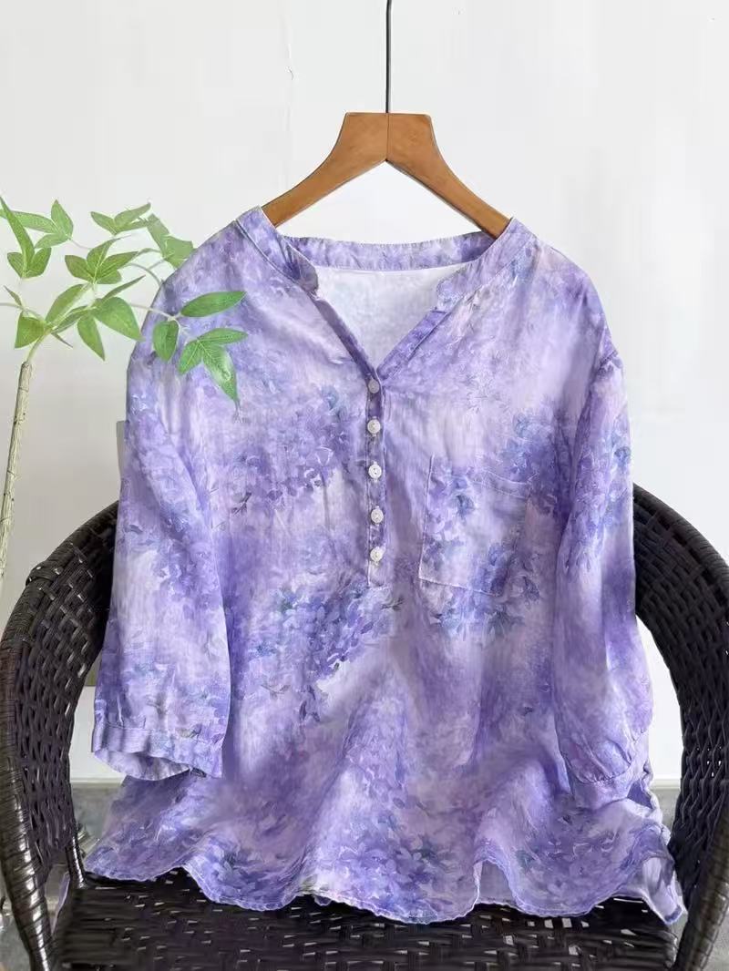 Summer Clothing In Japan - เสื้อเชิ้ตผ้ารามี 100% สำหรับผู้หญิง ฤดูร้อน วินเทจ คอวี