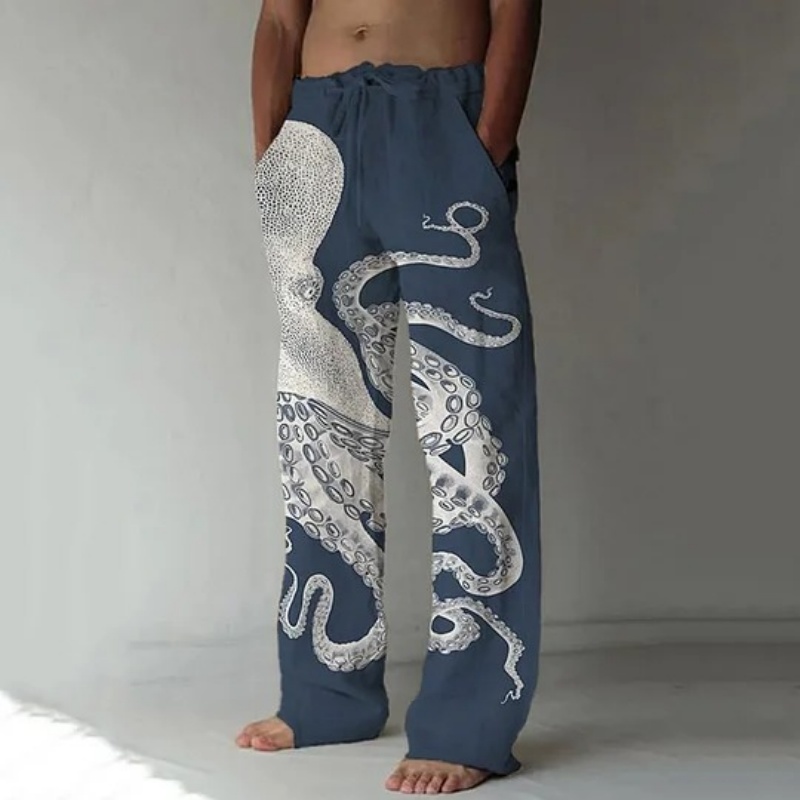 Summer Clothing Men 2025 - กางเกงลำลองพิมพ์ลายกราฟิกปลาหมึกยักษ์ศิลปะญี่ปุ่นสไตล์วินเทจขายาวทรงหลวมขนาดใหญ่สำหรับผู้ชาย ฤดูใบไม้ร่วง 2025