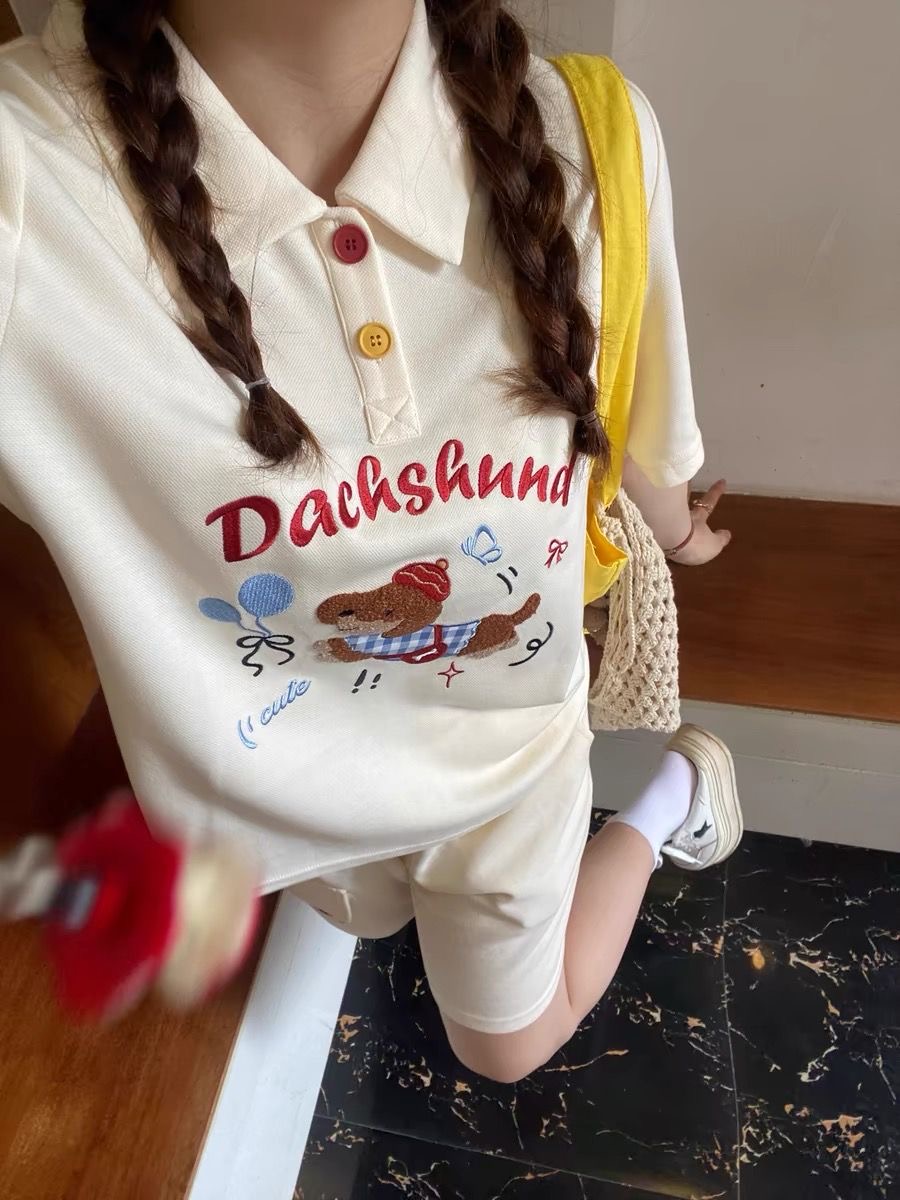 Summer Clothing In Japan - Kawaii เย็บปักถักร้อยสุนัขสไตล์ญี่ปุ่นเสื้อโปโล 2 ชิ้นชุดชุดสตรี 2025 ฤดูร้อน