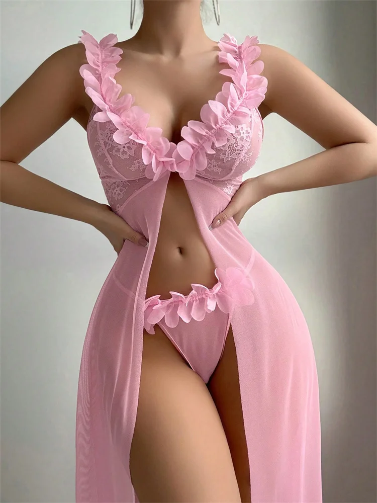 ชุดนอนซีทรูลูกไม้สีชมพู ชุดชั้ - Summer Clothing Ladies บทวิจารณ์และราคา