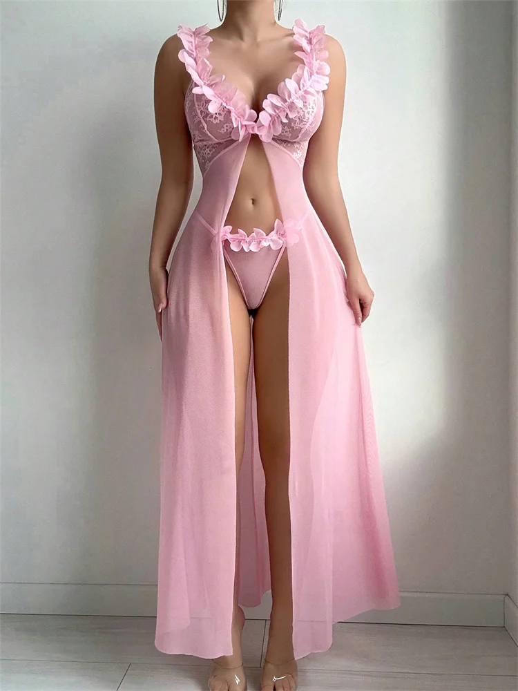 ชุดนอนซีทรูลูกไม้สีชมพู ชุดชั้ - Summer Clothing Ladies บทวิจารณ์และราคา